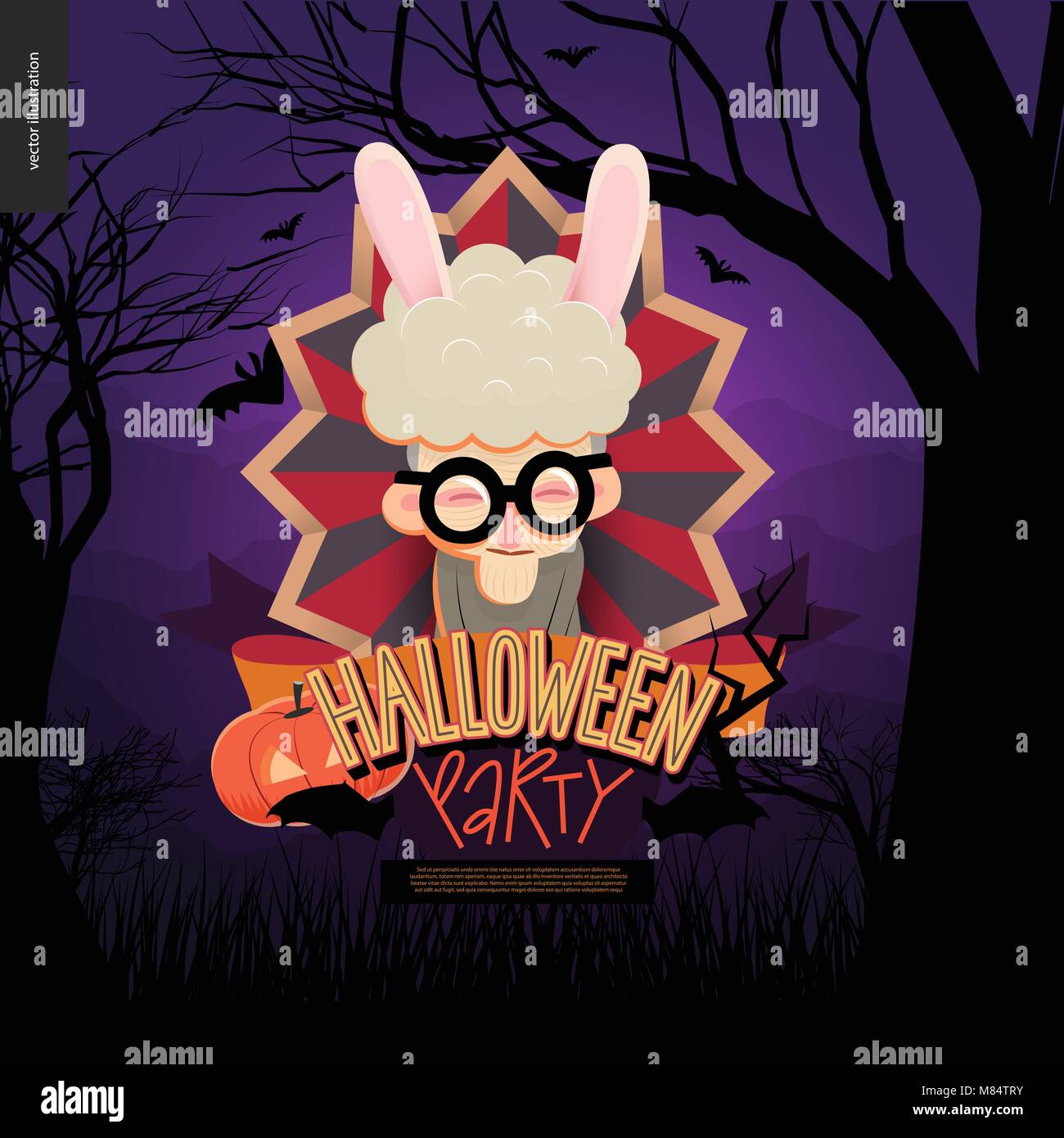 Halloween Party. Flache vectror Cartoon illustriert das Design einer alten Dame tragen Häschenohren im Zentrum der gestreifte Schirm, Fledermäuse, Kürbis Jack-o-Lantern, Stock Vektor