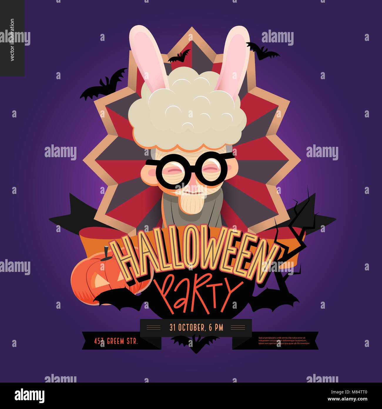 Halloween Party aus Zeichen emblem Einladung. Flache vectror Cartoon illustriert das Design einer alten Dame tragen Häschenohren im Zentrum der gestreifte Schirm Stock Vektor