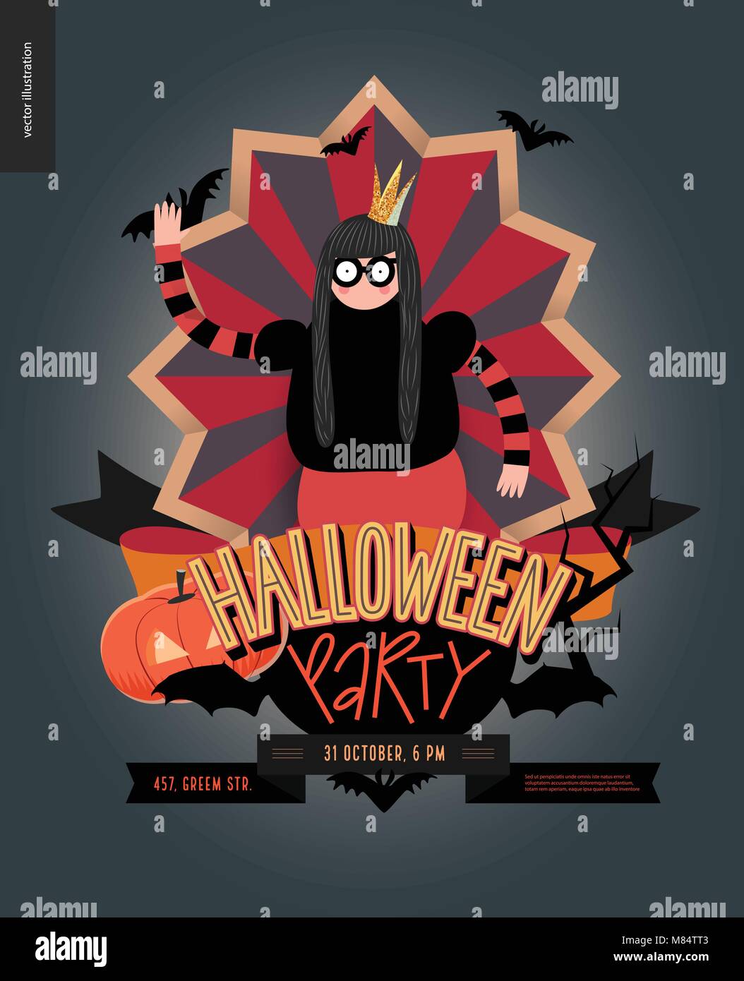 Halloween Party aus Zeichen emblem Einladung. Flache vectror Cartoon illustriert Design einer Prinzessin mit Brille, in der Mitte der gestreifte Schirm, b Stock Vektor