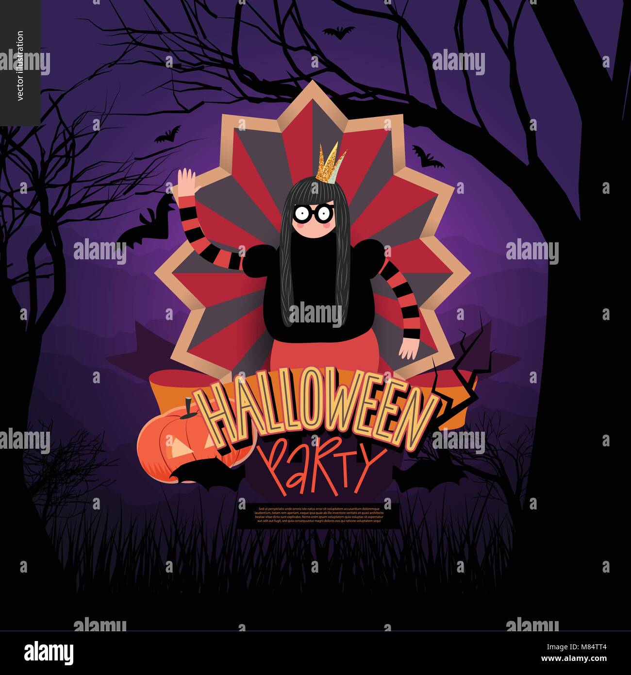 Halloween Party. Flache vectror Cartoon illustriert Design einer Prinzessin mit Brille in der Mitte der gestreifte Schirm, Fledermäuse, Kürbis Jack-o-Lantern, ribb Stock Vektor