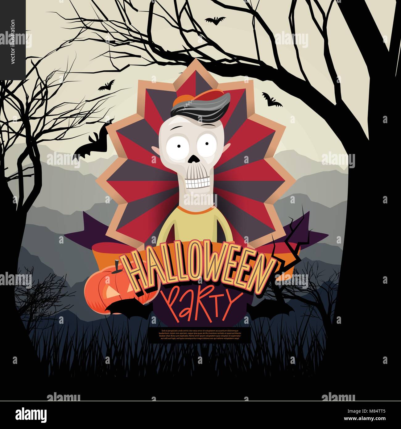 Halloween Party Einladung. Flache vectror Cartoon illustriert Design von einem Skelett in der Mitte der gestreifte Schirm, Fledermäuse, Kürbis Jack-o-Lantern, Band, l Stock Vektor