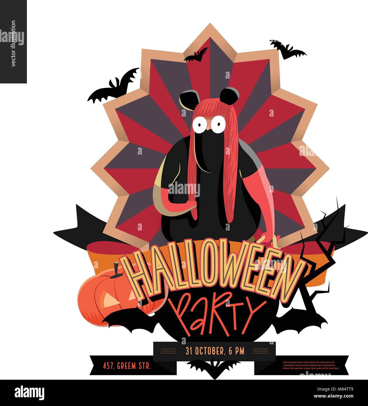 Halloween Party aus Emblem Einladung. Flache vectror Cartoon illustriert Design eines fettes Mädchen mit Minnie Maus Kostüm, auf striped Shield, bat Stock Vektor