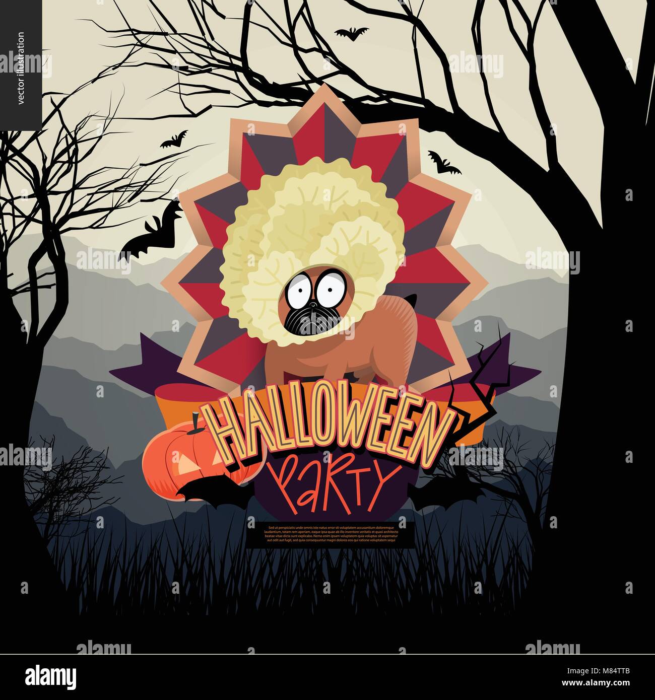 Halloween Party Einladung. Flache vectror Cartoon illustriert Design eine französische Bulldogge im Zentrum der gestreifte Schirm, Fledermäuse, Kürbis Jack-o-Lantern, Rippe Stock Vektor