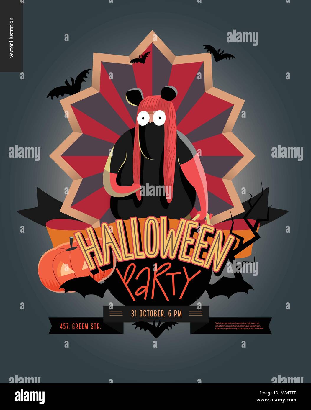 Halloween Party aus Emblem Einladung. Flache vectror Cartoon illustriert Design eines fettes Mädchen mit Maus Kostüm, auf striped Shield, Fledermäuse, Pumpe Stock Vektor