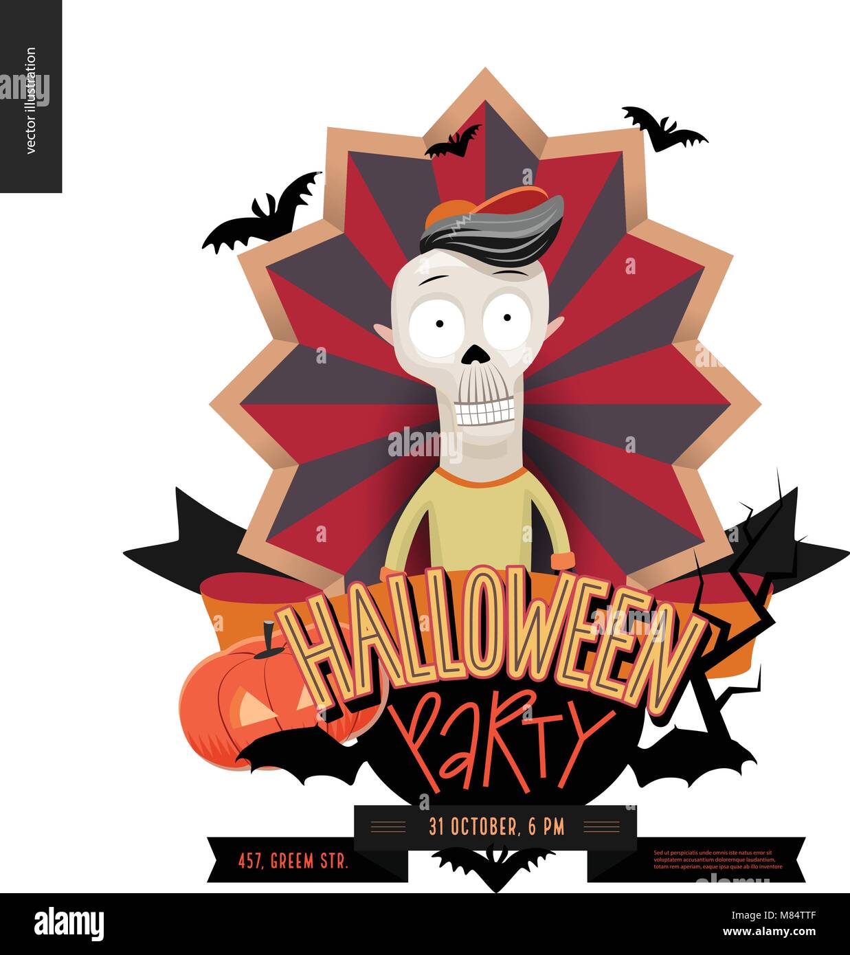 Halloween Party aus Zeichen emblem Einladung. Flache vectror Cartoon illustriert Design von einem Skelett in der Mitte der gestreifte Schirm, Fledermäuse, Kürbis jack Stock Vektor