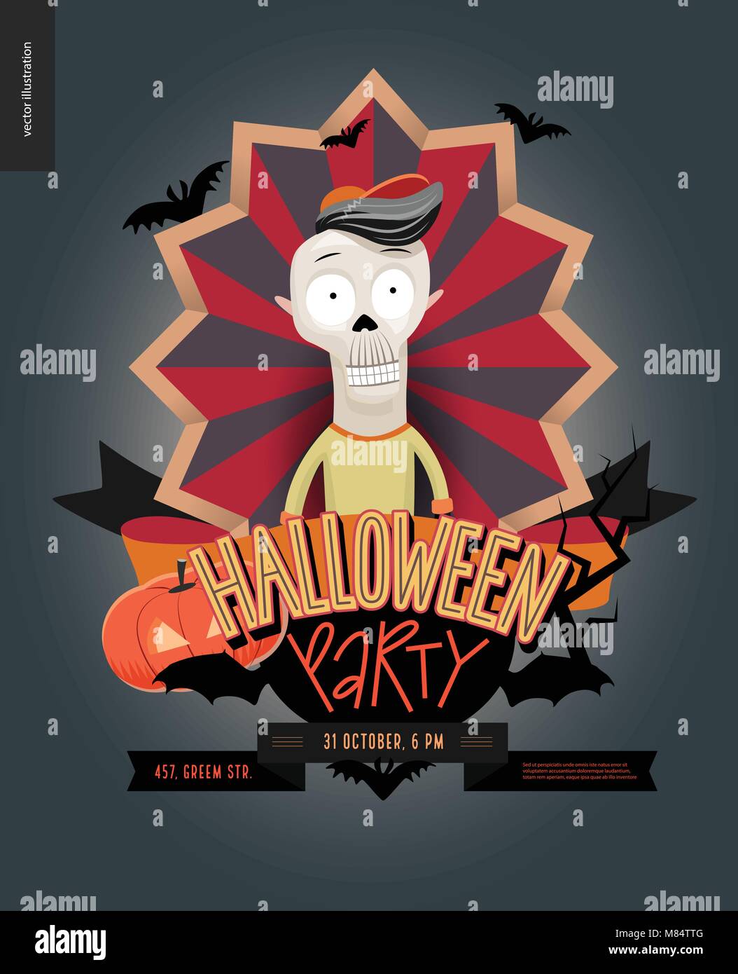 Halloween Party aus Zeichen emblem Einladung. Flache vectror Cartoon illustriert Design von einem Skelett in der Mitte der gestreifte Schirm, Fledermäuse, Kürbis jack Stock Vektor