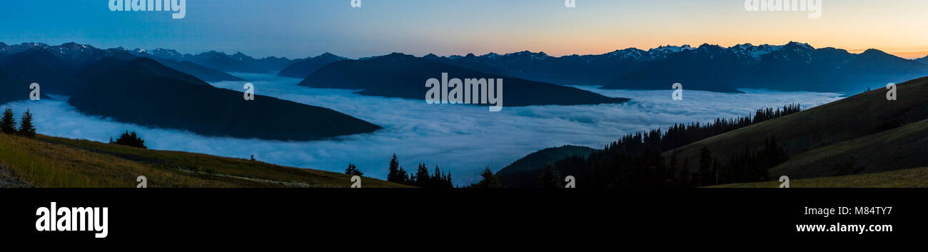 Die Sicht bei Dämmerung von Hurrican Ridge Visitors Center. Die Täler mit Wolken gefüllt. Olympic National Park, Washington State, USA. Stockfoto