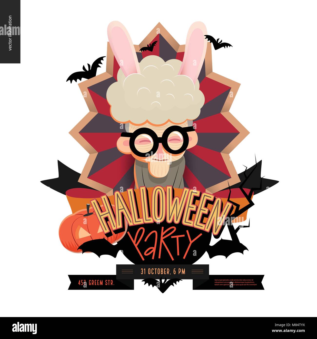 Halloween Party aus Zeichen emblem Einladung. Flache vectror Cartoon illustriert das Design einer alten Dame tragen Häschenohren im Zentrum der gestreifte Schirm Stock Vektor