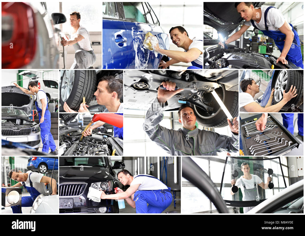 Werkstatt: mechanische Reparaturen Auto, Waschmaschine und Service in der Garage - Arbeiter Auto reinigt - Collage mit verschiedenen Motiven Stockfoto