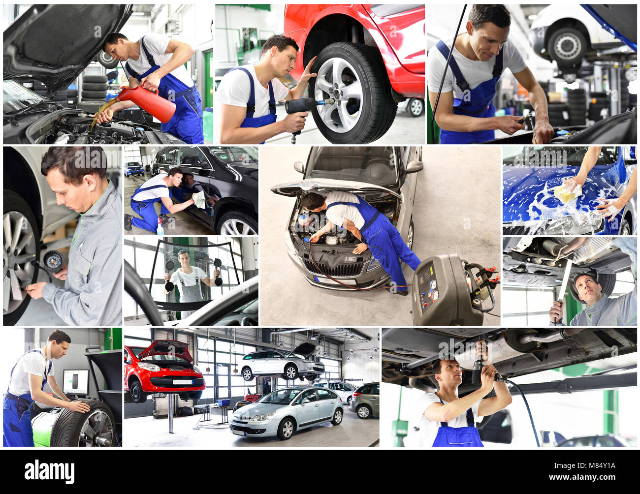 Auto Reparatur - Mechaniker in einer Werkstatt - Auto waschen - Collage mit verschiedenen Motiven in der Arbeitswelt Stockfoto