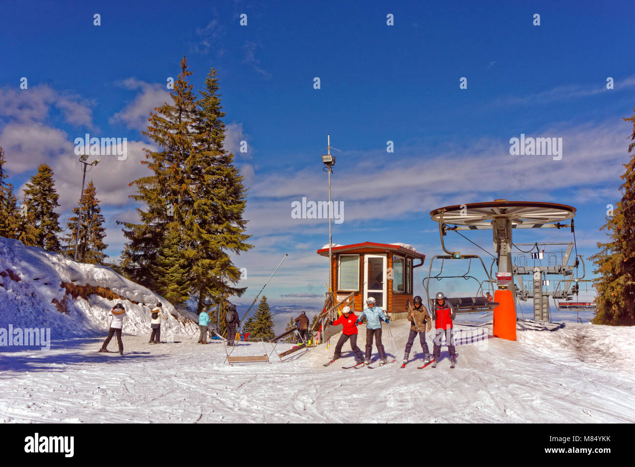 Martinovi Baraki Sessellift Gipfel in Borovets Ski Resort, Targovishte, Bulgarien. Stockfoto
