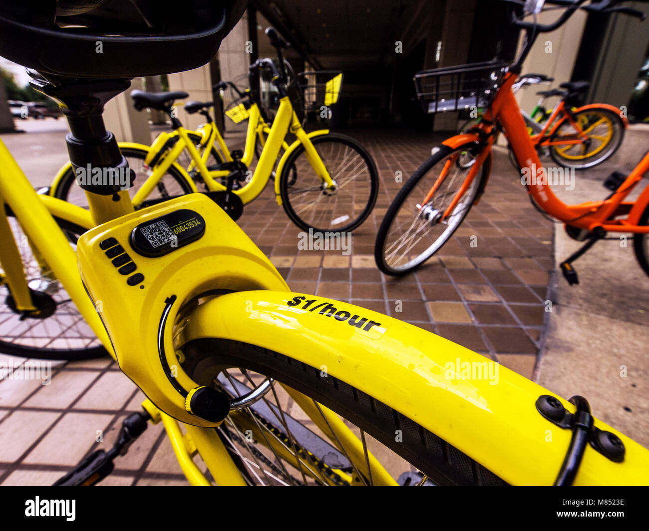 Dockless Bike zeigen sich in städtischen Metropolen. In Dallas, Texas, vor der Reunion Hotel Die Fahrräder aus beiden Unternehmen für die Übernahme Stockfoto