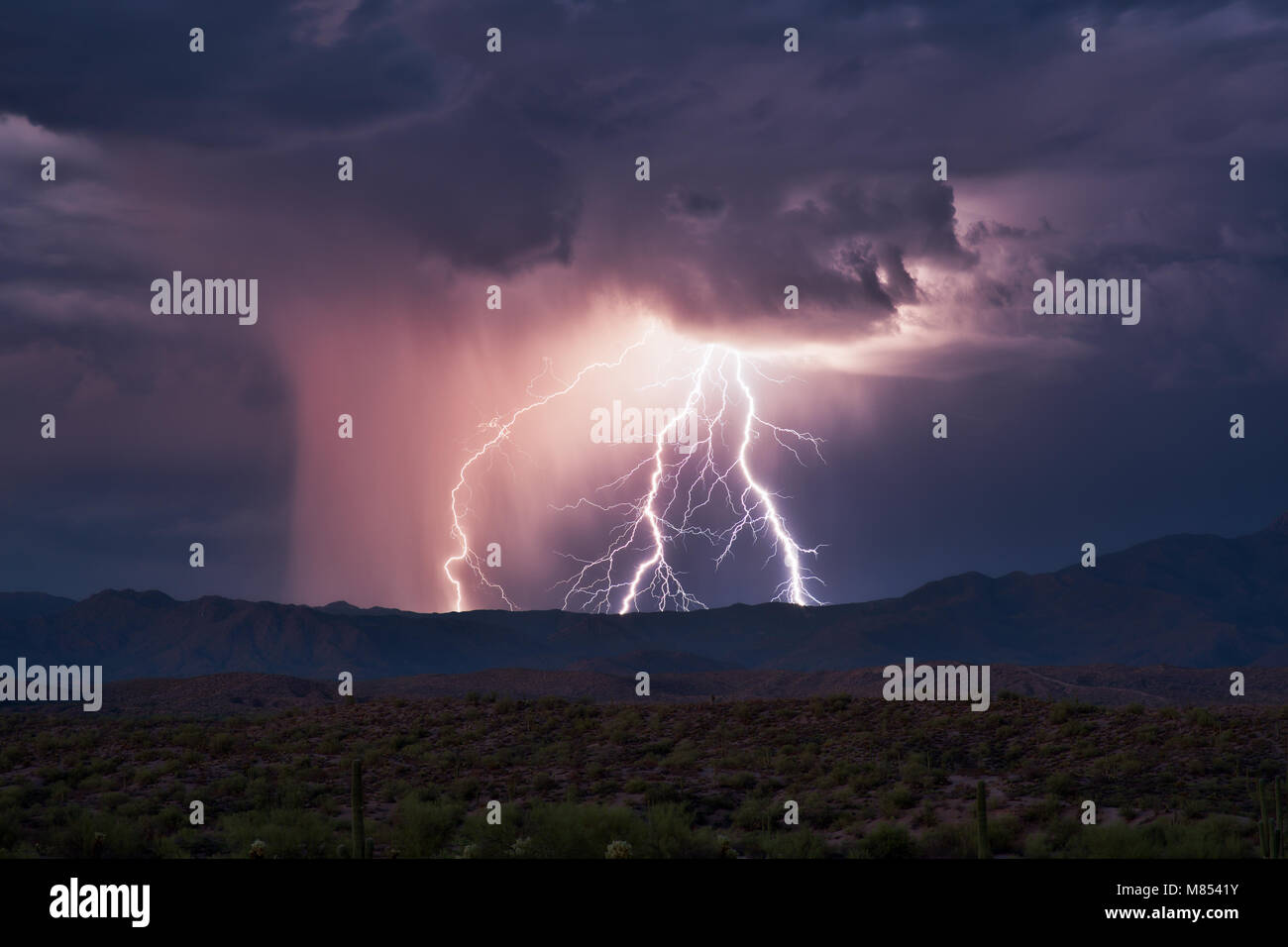 Während eines Gewitters im Sommer treffen Blitzschläge auf die Four Peaks Mountain Range in der Nähe von Phoenix, Arizona Stockfoto