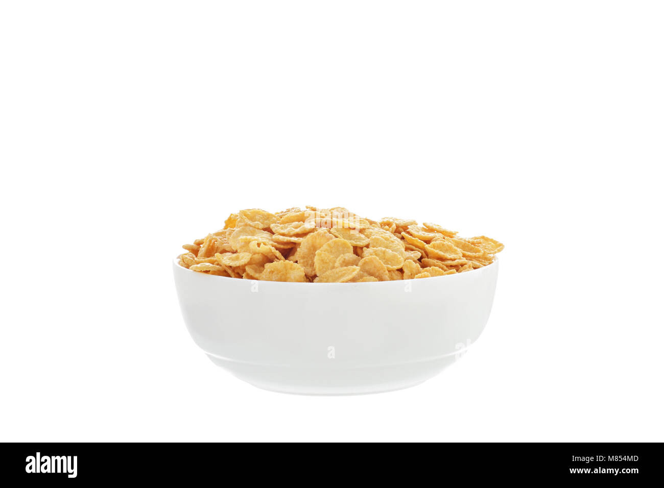 Cornflakes Frühstück Müsli in einer weißen Schüssel auf weißem Hintergrund Stockfoto