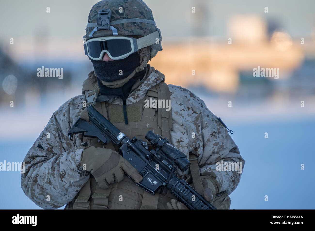 Marines auf den 3 Bataillon zugeordnet. 8. Marine Regiment. Camp Lejeune, N.C., warten auf den Transport von einem Paar CH-47 Chinook Hubschrauber auf das erste Bataillon zugeordnet, 52nd Aviation Regiment, Fort Wainwright, Alaska März 12, 2018, als Teil der gemeinsamen Kraft Land Befehl Komponente zur Unterstützung der Übung Arctic Edge 18. Als JFLCC für die Übung der US-Armee Alaska ist der Zentrale verantwortlich für die Steuerung und Kontrolle aller Boden- Kräfte an der Übung teilnehmen. Arctic Edge 2018 Ist eine Biennale, groß angelegte, gemeinsame Ausbildung übung, die Vorbereitung und die Tests der US-Militärs Abi Stockfoto