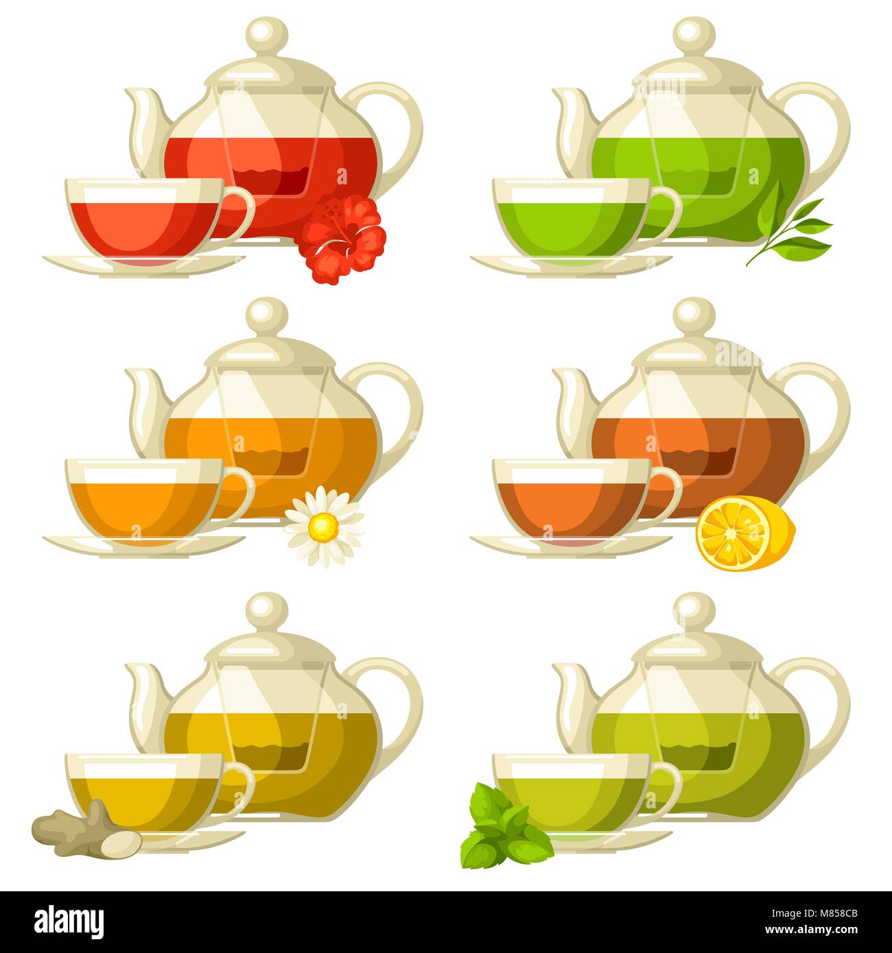 Arten von Tee. Satz von Glas Tassen und Wasserkocher mit unterschiedlichen Geschmack und Inhaltsstoffe Stock Vektor