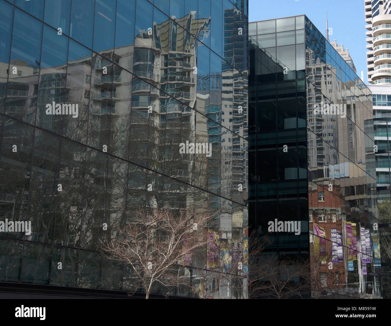 Reflexionen von Gebäuden und Flaggen in den Glasfenstern der Bürogebäude, Sydney, Australien Stockfoto