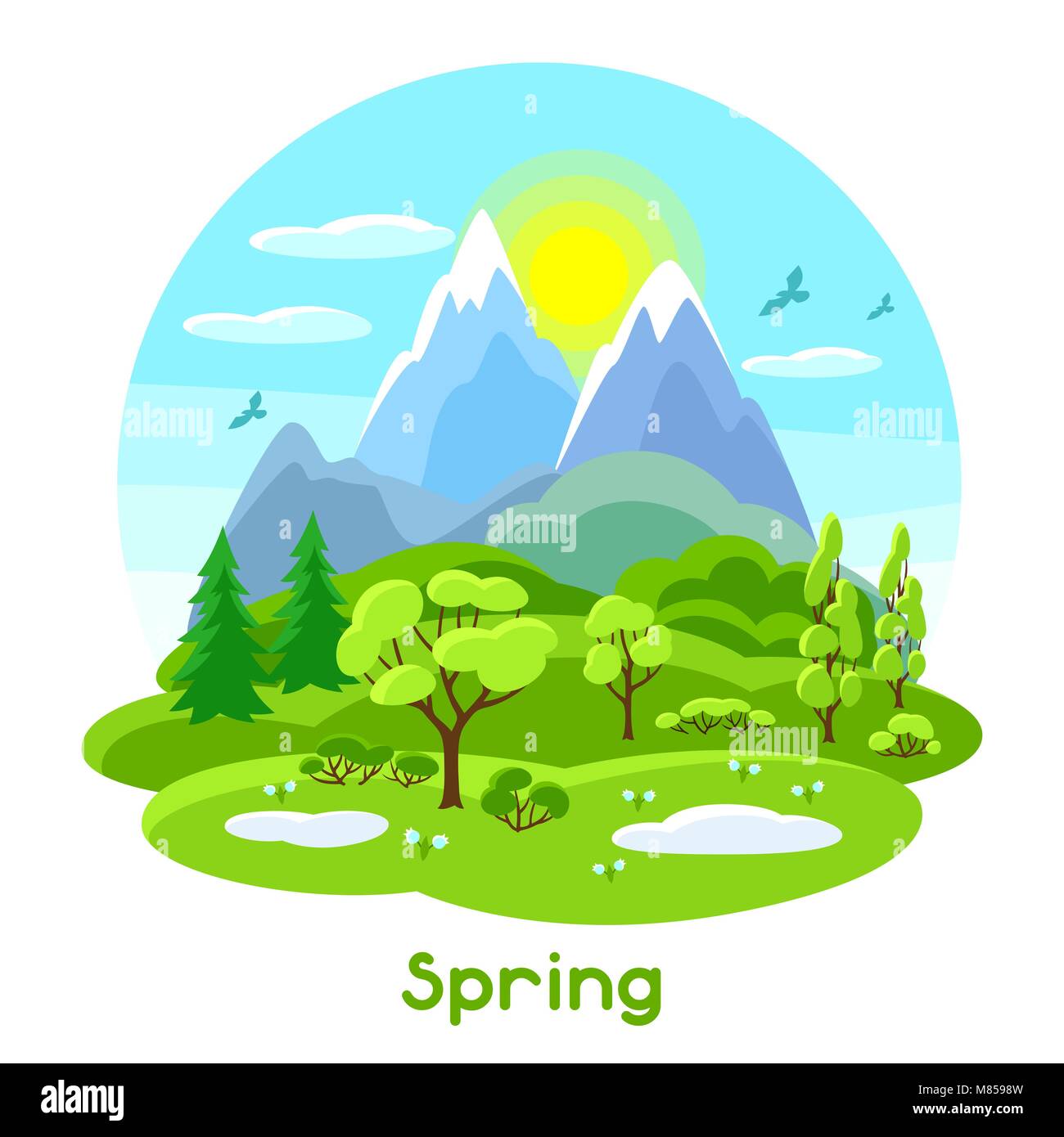 Frühling Landschaft mit Bäumen, Bergen und Hügeln. Saisonale Abbildung Stock Vektor