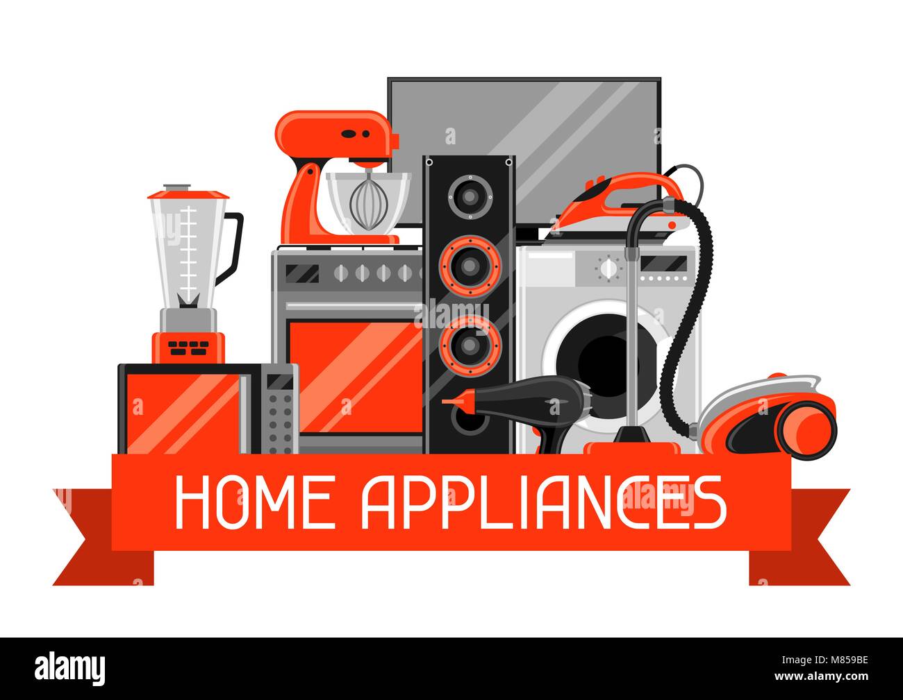 Hintergrund mit Haushaltsgeräten. Haushalt Artikel zum Verkauf und Einkauf Werbung Poster Stock Vektor