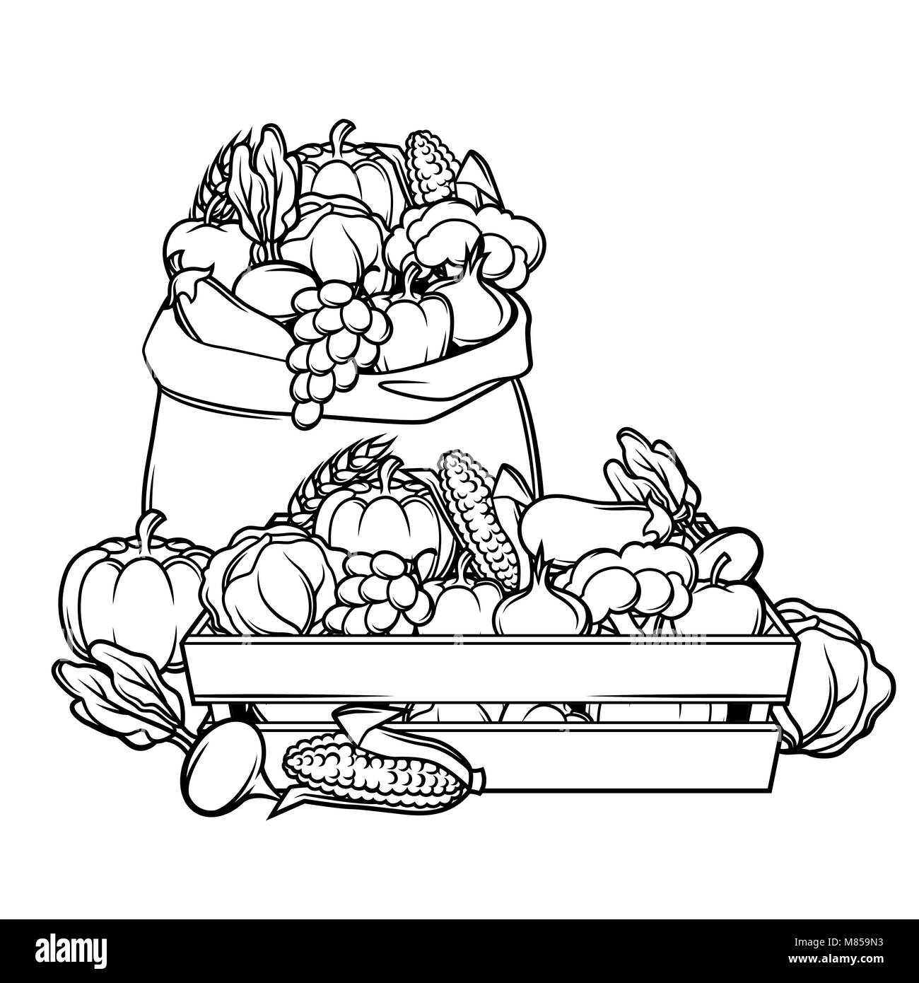 Ernte Abbildung mit saisonalen Früchten und Gemüse Stock Vektor
