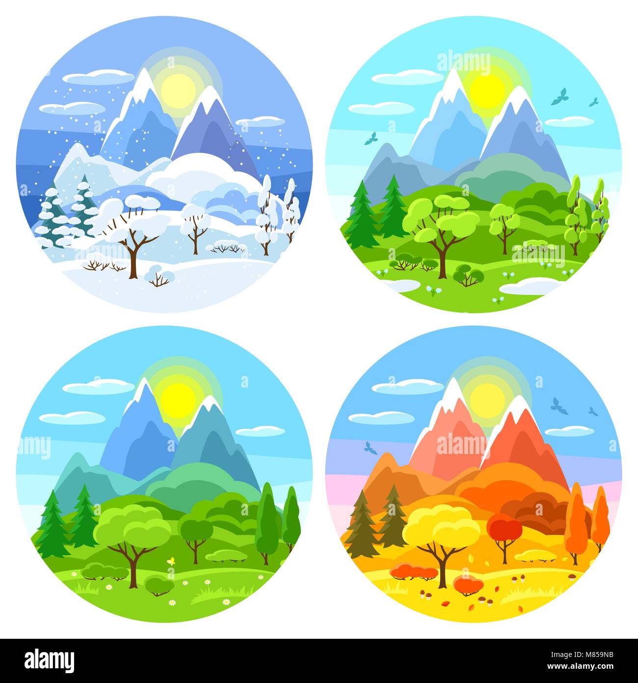 Vier Jahreszeiten Landschaft. Abbildungen mit Bäumen, Bergen und Hügeln im Winter, Frühling, Sommer, Herbst. Stock Vektor