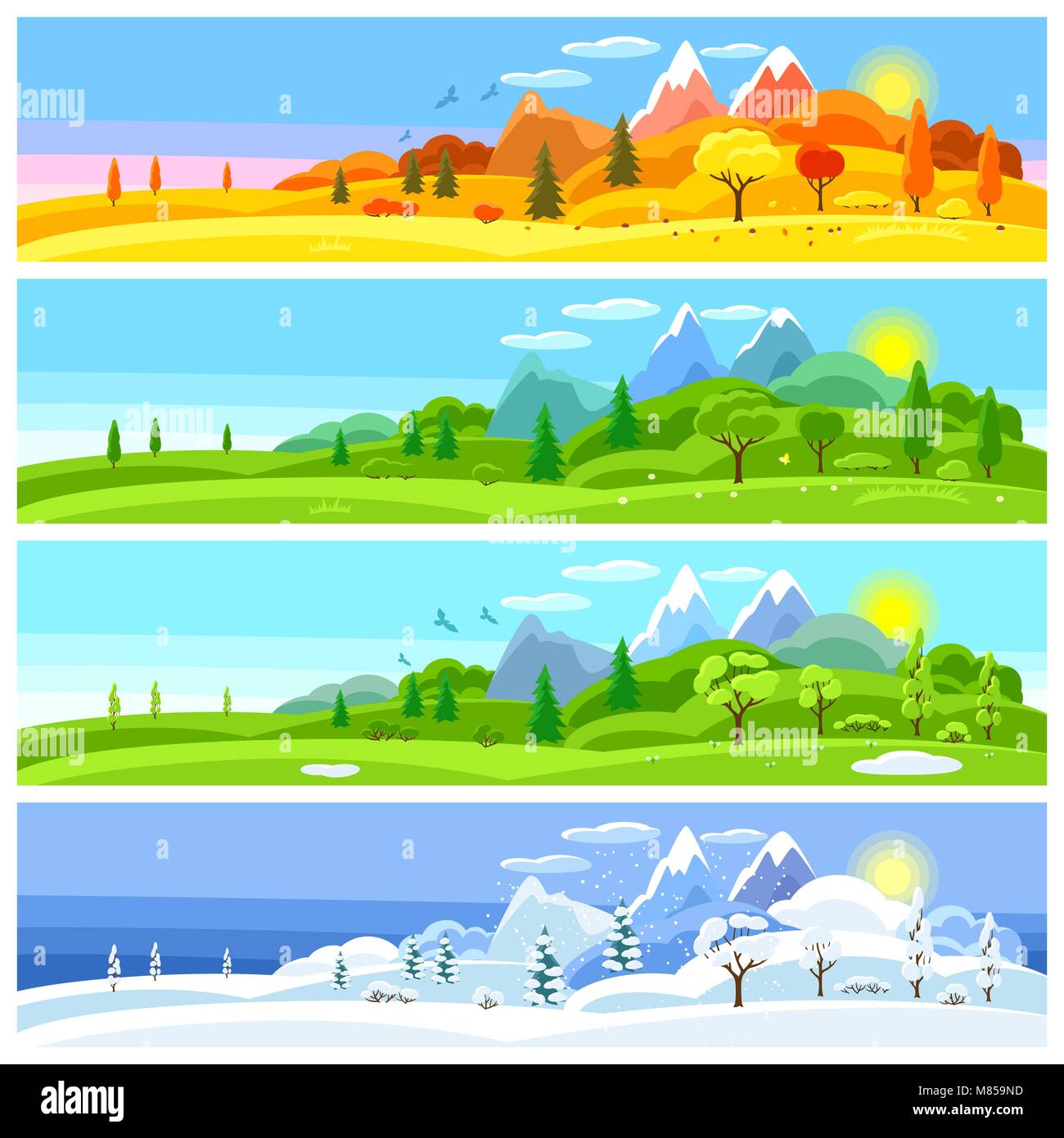 Vier Jahreszeiten Landschaft. Banner mit Bäumen, Bergen und Hügeln im  Winter, Frühling, Sommer, Herbst Stock-Vektorgrafik - Alamy