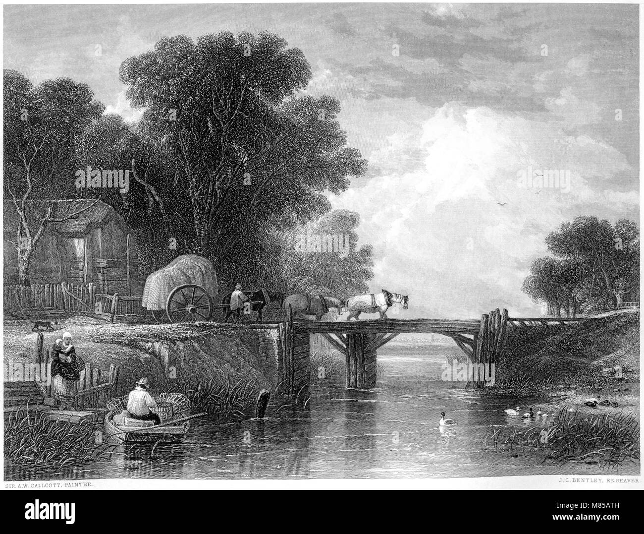 Eine Gravur berechtigt, die hölzerne Brücke aus dem Bild von Sir Augustus Wand Callcott in der Vernon Galerie an der high res aus einem Buch von 1849 gescannt. Stockfoto