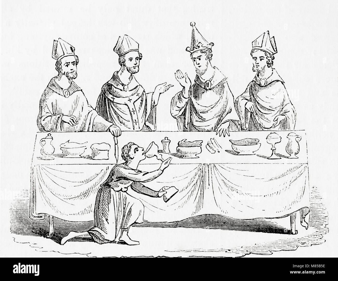 Ein Knecht, zu Verrat, Weinprobe, Wein, bevor es am Tisch serviert werden. Aus Old England: eine bildliche Museum, veröffentlicht 1847. Stockfoto