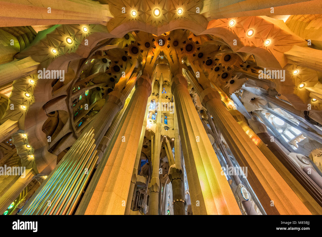 Low Angle View des Dachs im Kirchenschiff, die Sagrada Familia, Barcelona, Katalonien, Spanien Stockfoto