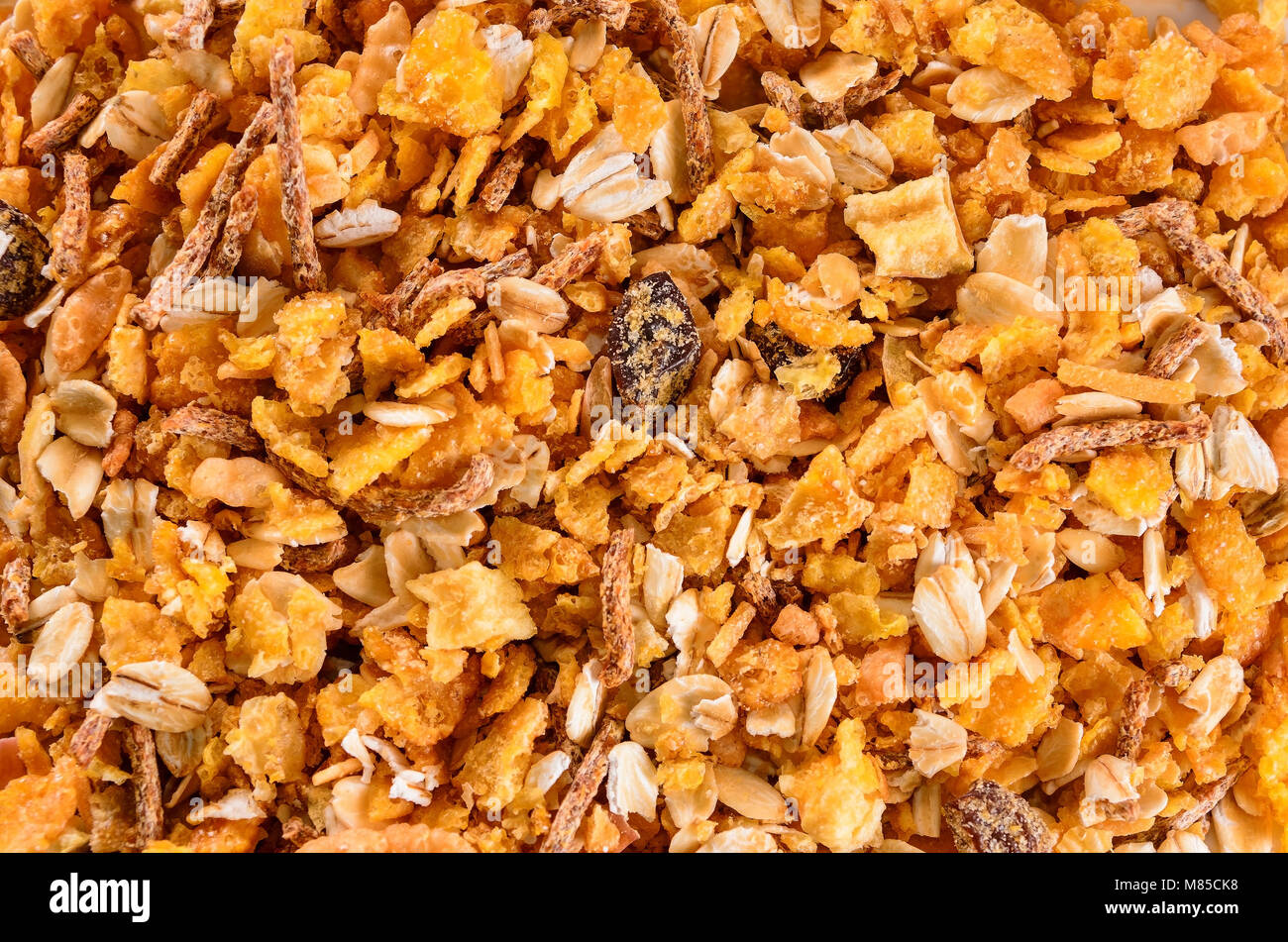 Frühstück: Textur von matinals Cerealien, Flocken, Körner, gesundes Essen Hintergrund. Stockfoto