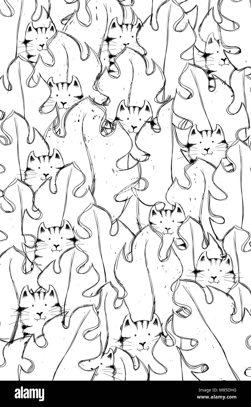Süße Katzen Verstecken hinter den Palmblättern. Art Design für Malbuch für Erwachsene oder Kinder, Anti Stress Färbung. Stockfoto