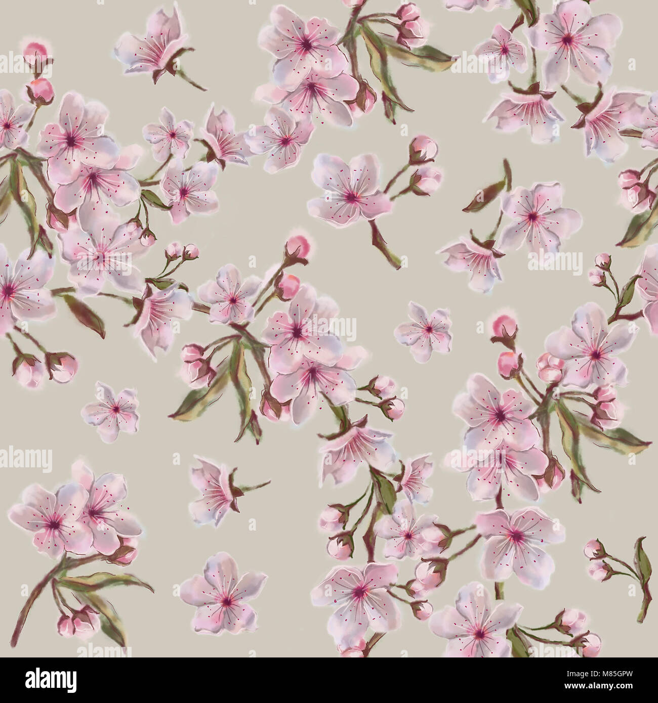 Floral Wreath nahtlose Muster auf Tan Hintergrund. Romantische Hintergrund mit Frühlingsblumen. Aquarell von Hand bemalt Baum Blumen Kranz Muster. Stockfoto