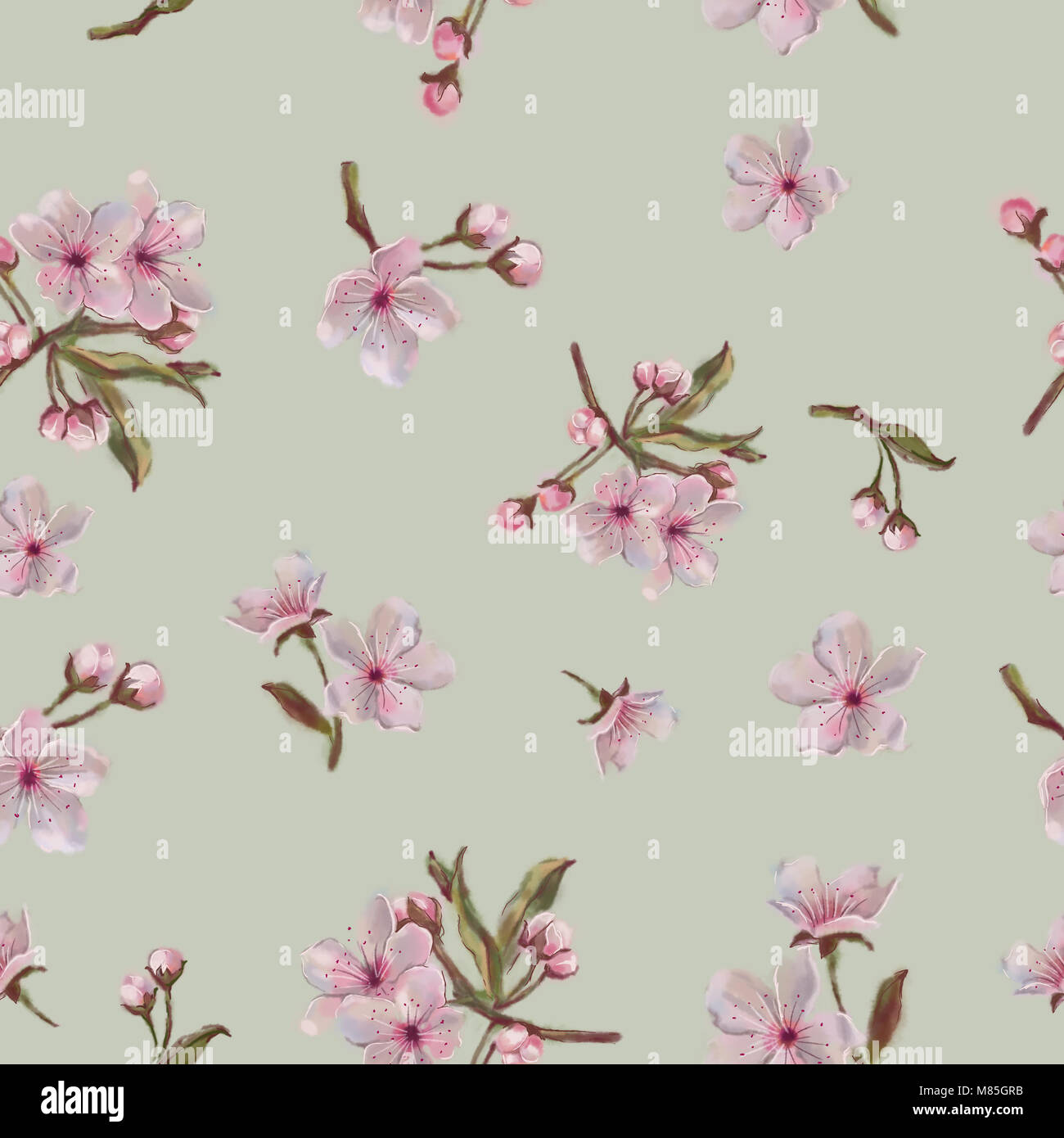 Blüht Muster auf Tan Hintergrund. Apfel, Mandel, Kirsche Frühling Blumen Hand gemalt in Aquarell. Nahtlose Blumenmuster isoliert auf Tan Hintergrund. Stockfoto