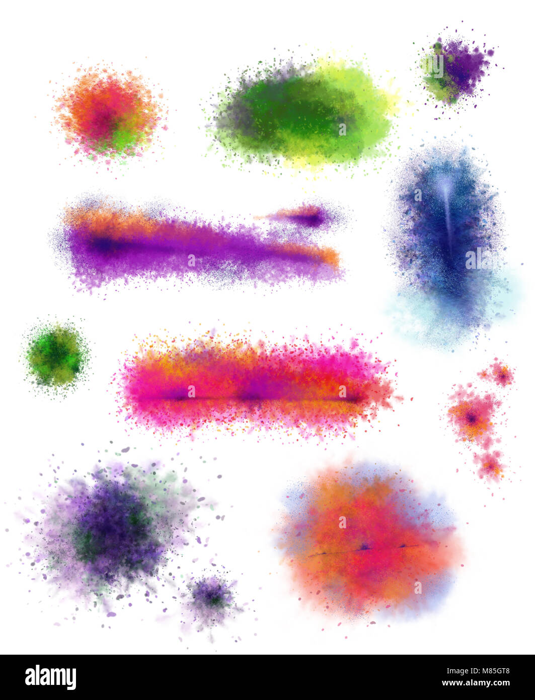Satz von Paint Splatter Flecken in hellen Aquarell. Hand gemalte Aquarell Flecken mit Splatter Effekt isoliert auf Weiss. Stockfoto