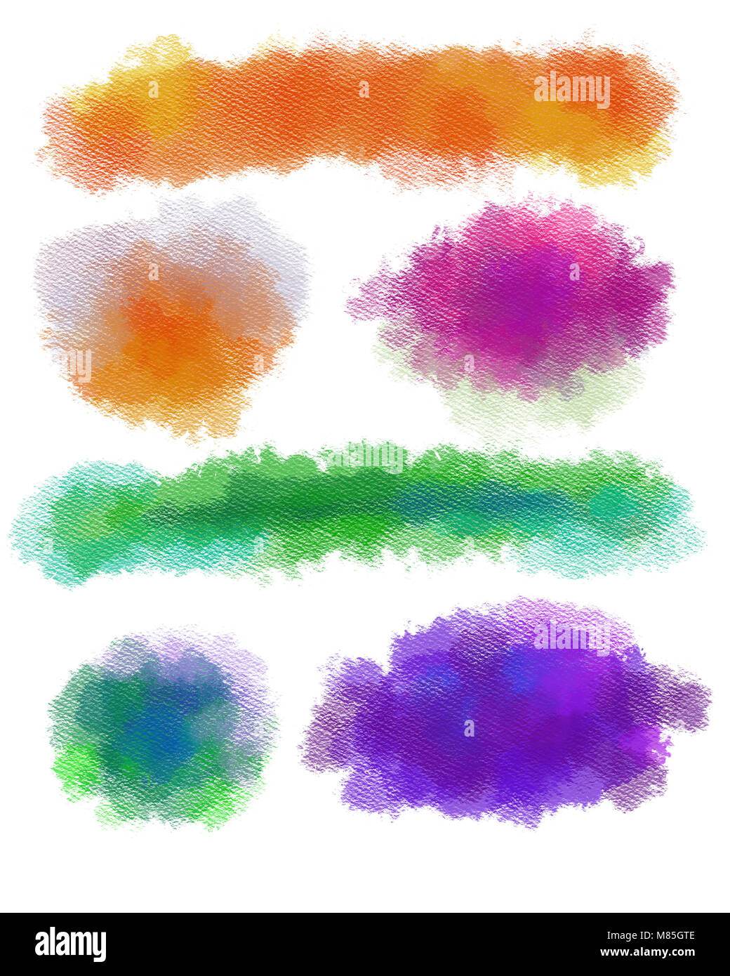 Satz von Aquarell Anschläge auf großes Korn strukturiertes Papier. Farbenfrohe Pinselstriche für künstlerische Gestaltung. Strukturierte Sammlung von hellen Flecken. Stockfoto