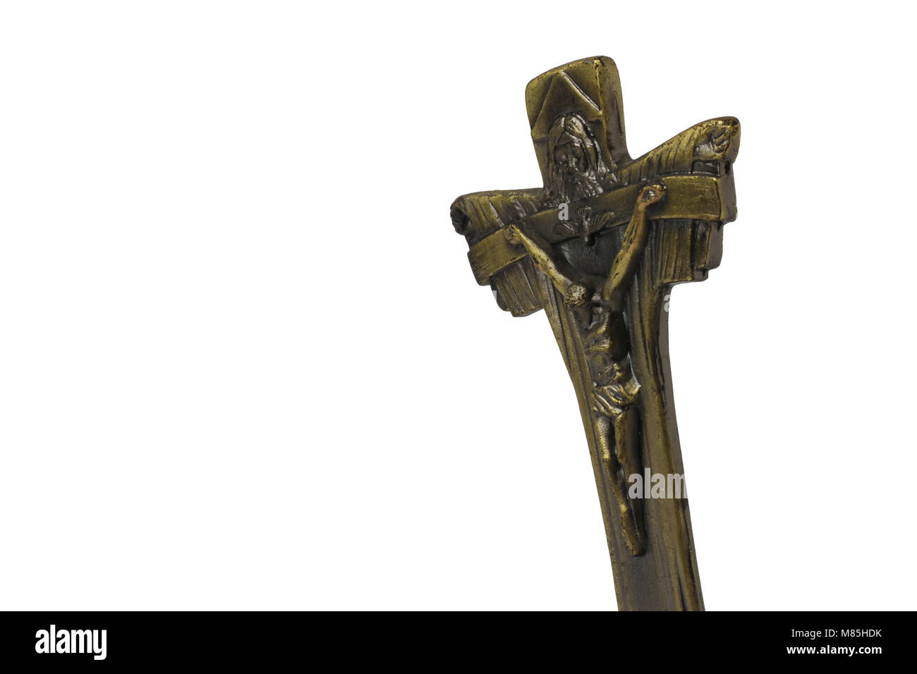 Kreuz Messing mit Statue von Jesus, leeren Raum auf der linken Seite, Ansicht schließen Stockfoto
