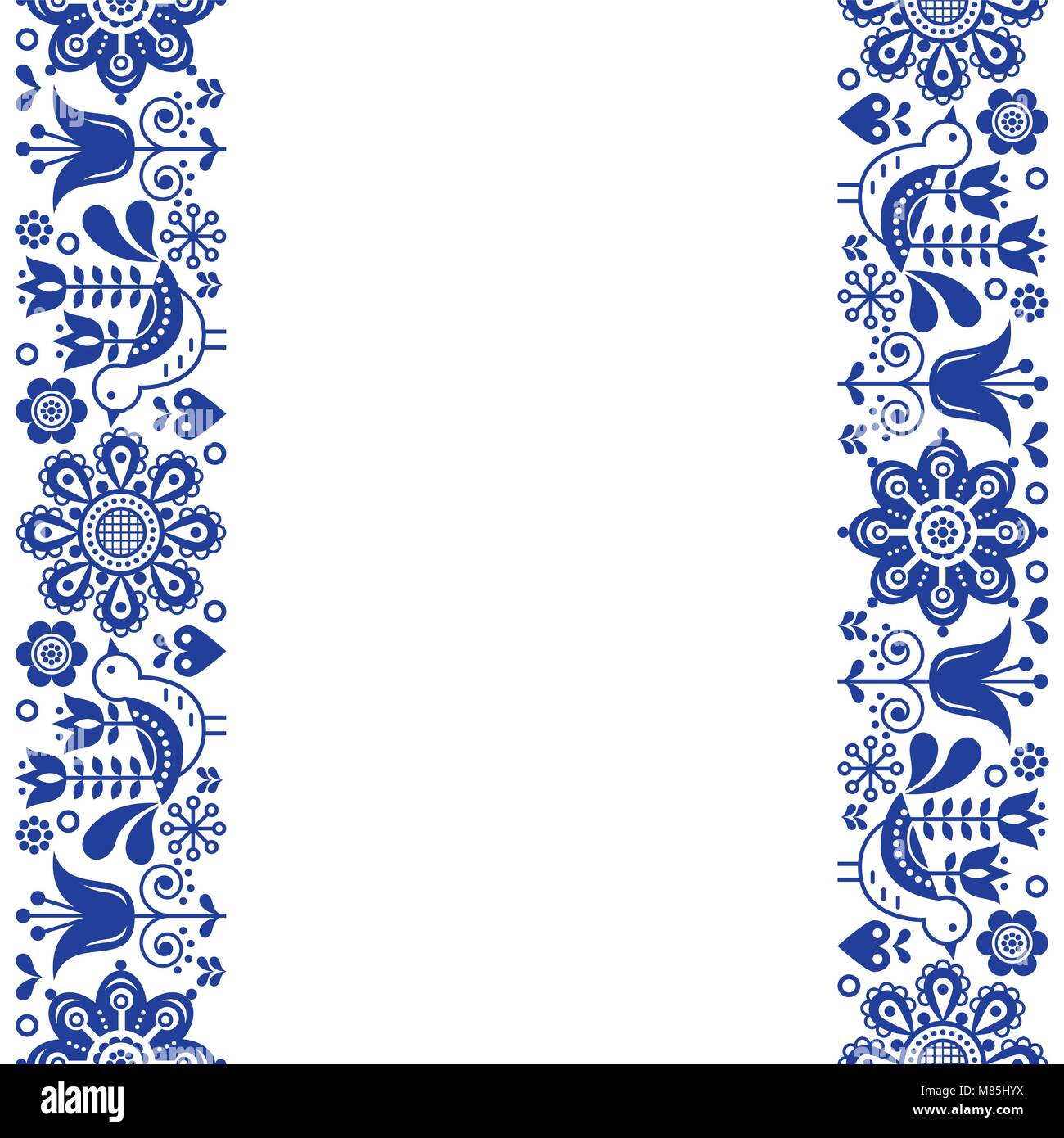 Skandinavische Grußkarte Design, Volkskunst retro vektor design, Ornament mit Vögel und Blumen in marine blau - vertikale Streifen oder Grenze Stock Vektor