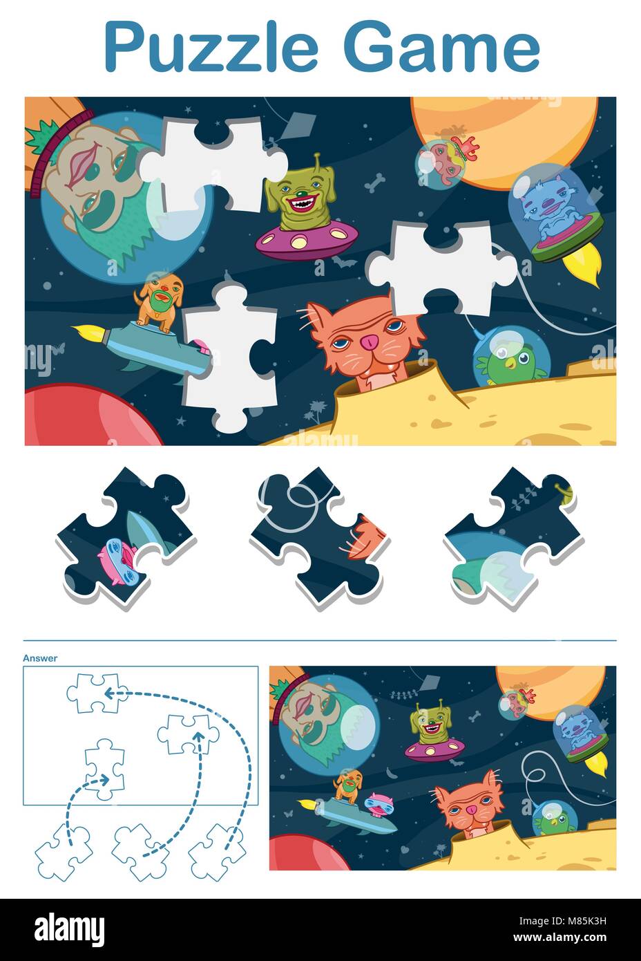 Fehlende Stück puzzle Spiel für Kinder mit Alien space Tiere und ufo-Vector Illustration Stock Vektor