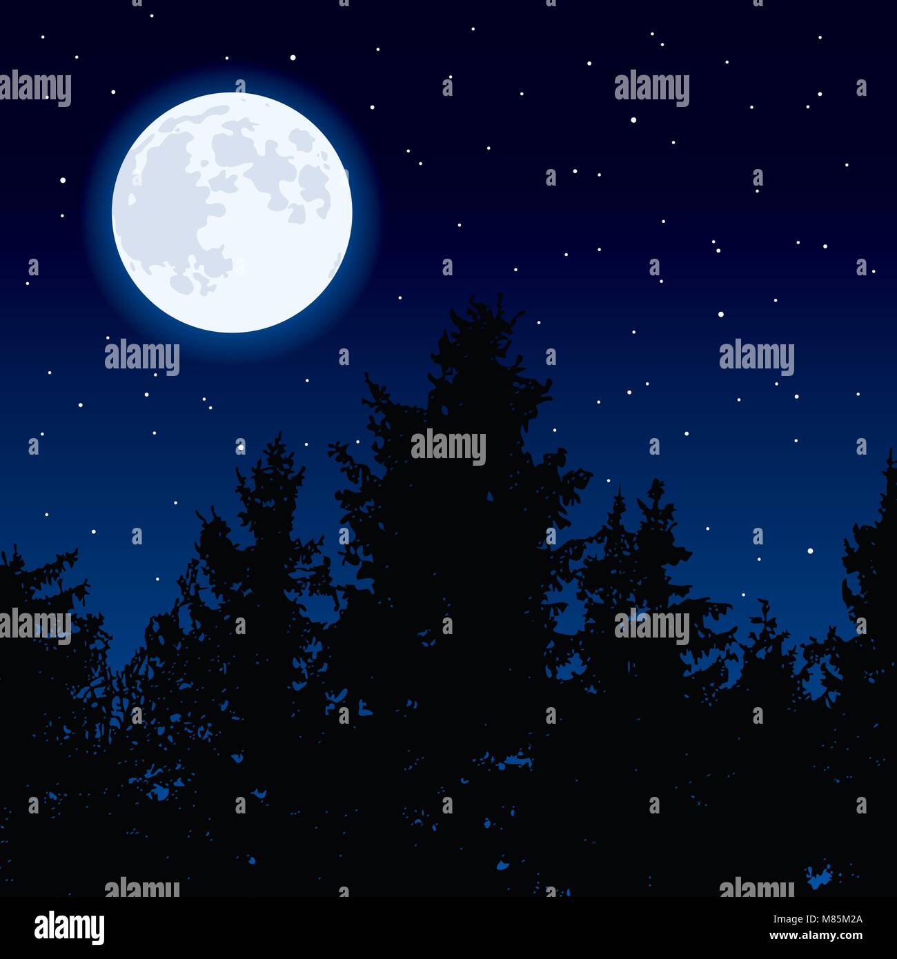 Vector Hintergrund mit leuchtenden Mond in der Nacht Himmel und dunklen Wald Bäume. Full Moon Phase. Eps 10 Abbildung Stock Vektor