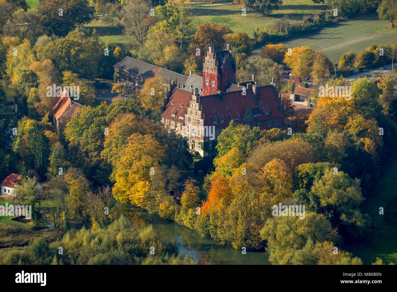 Luftaufnahme, Schloss Heessen im Herbst Blätter, Internat, Wasserburg, Hamm, Ruhrgebiet, Nordrhein-Westfalen, Deutschland, Europa, Vögel - Augen vie Stockfoto