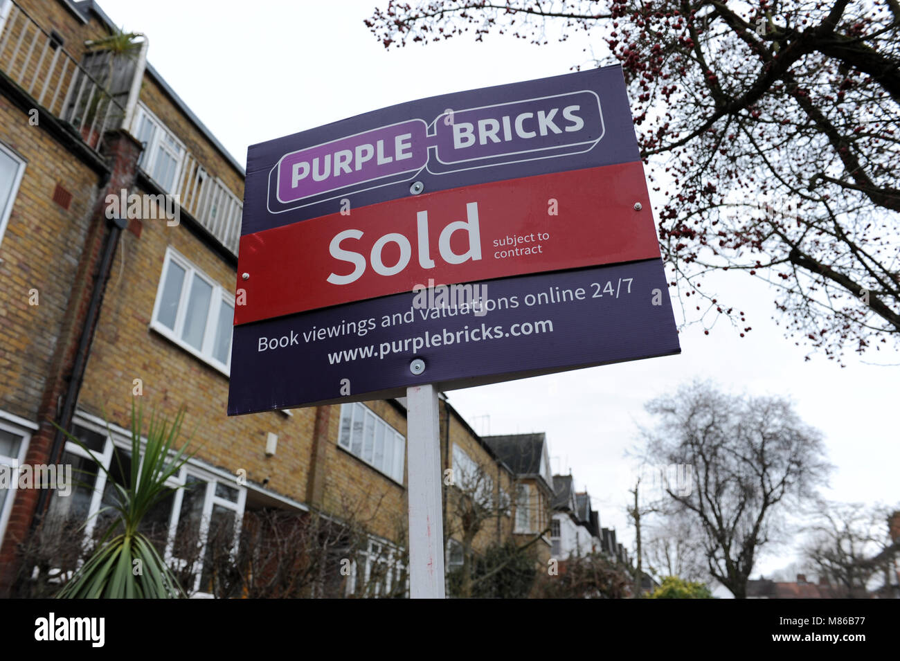 Eine Violette Steine verkauft Immobilienmakler Zeichen außerhalb eines Hauses in Muswell Hill, London Stockfoto