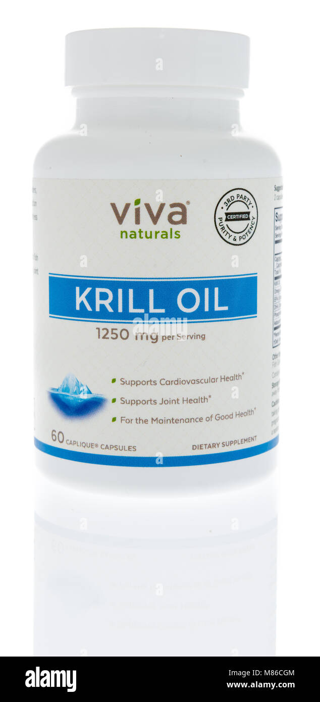 Winneconne, WI - 27. Februar 2018: eine Flasche Viva Naturals Krill Öl auf einem isolierten Hintergrund. Stockfoto