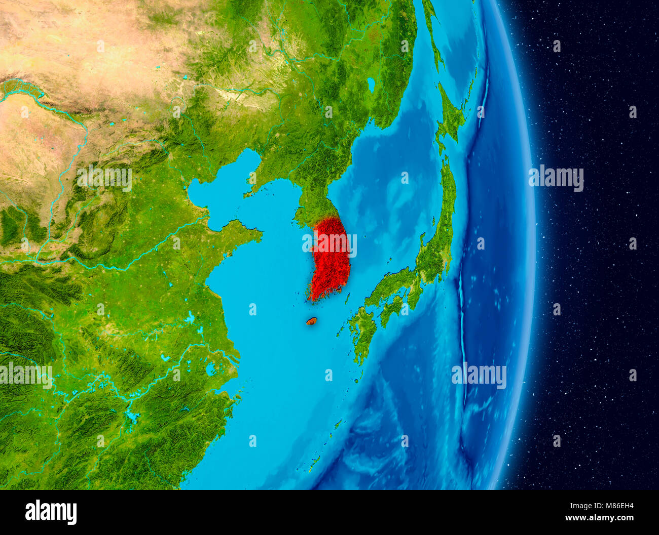 Land Südkorea in Rot auf dem Planeten Erde. 3D-Darstellung. Elemente dieses Bild von der NASA eingerichtet. Stockfoto