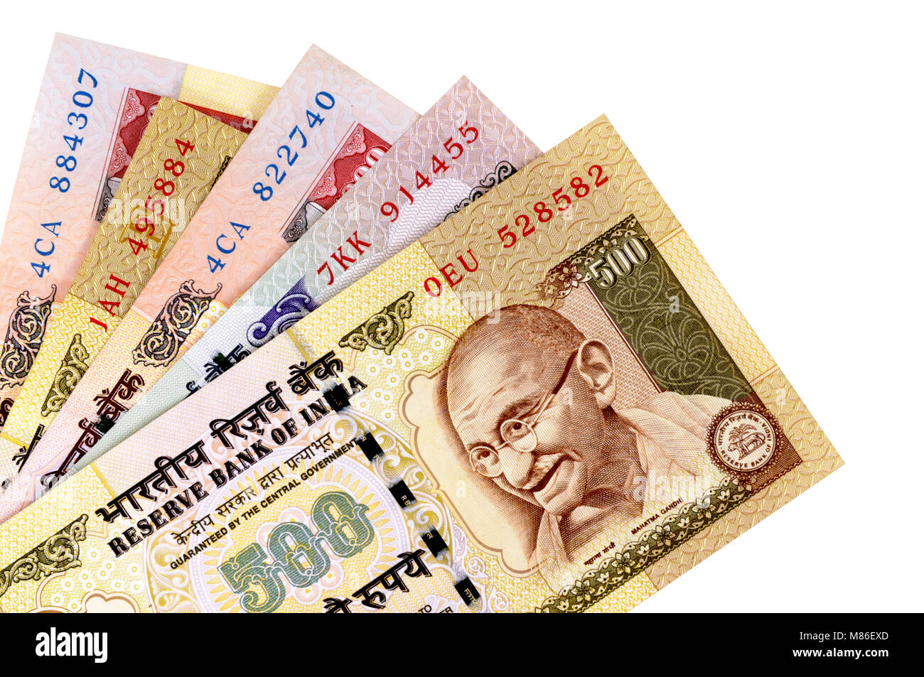 Einstellen der Indischen Rupie Währung Rechnungen auf einem weißen Hintergrund. Stockfoto