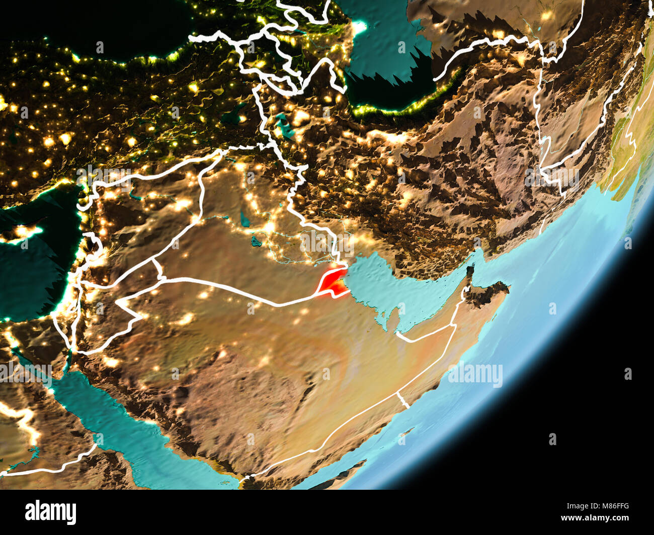 Kuwait im Morgenlicht in Rot auf dem Planeten Erde mit sichtbaren Grenzen und die Lichter der Stadt hervorgehoben. 3D-Darstellung. Elemente dieses Bild fu Stockfoto