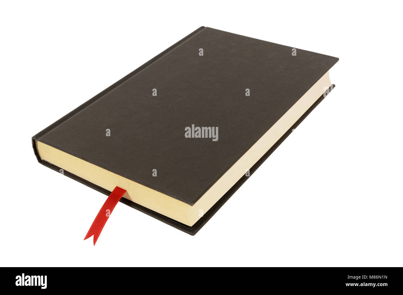 Uni Schwarz Hardcover Buch mit rotem Band Lesezeichen gegen einen weißen Hintergrund. Platz für Kopieren. Stockfoto