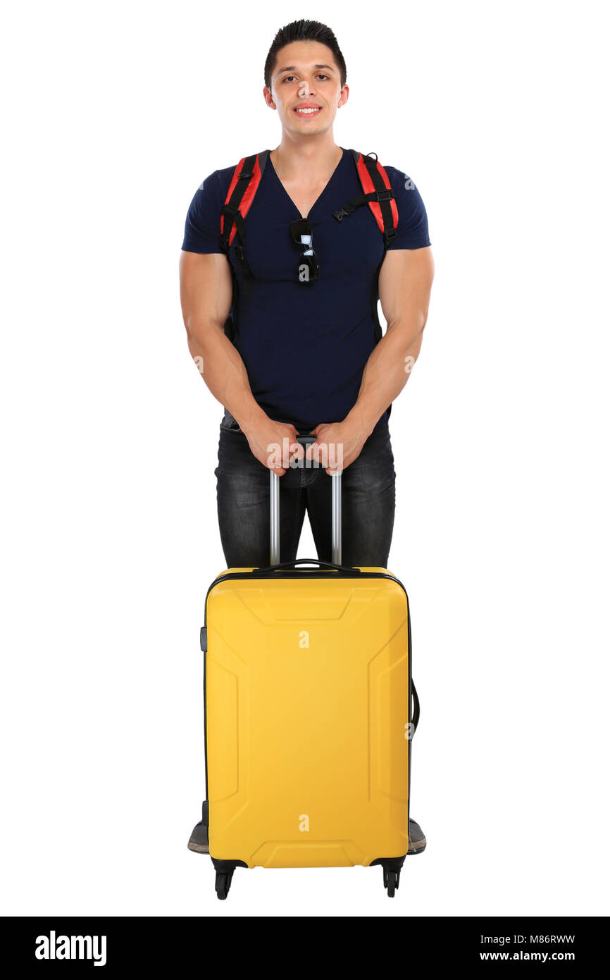 Urlaub Ferien junger Mann mit Gepäck reisen Reisen auf einem weissem Hintergrund Stockfoto