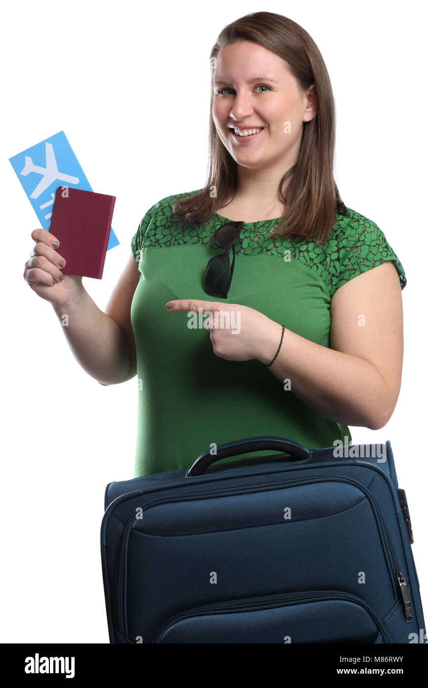 Junge Frau mit Flugticket fliegen Reisen Reisen Urlaub Ferien auf weißem Hintergrund Stockfoto