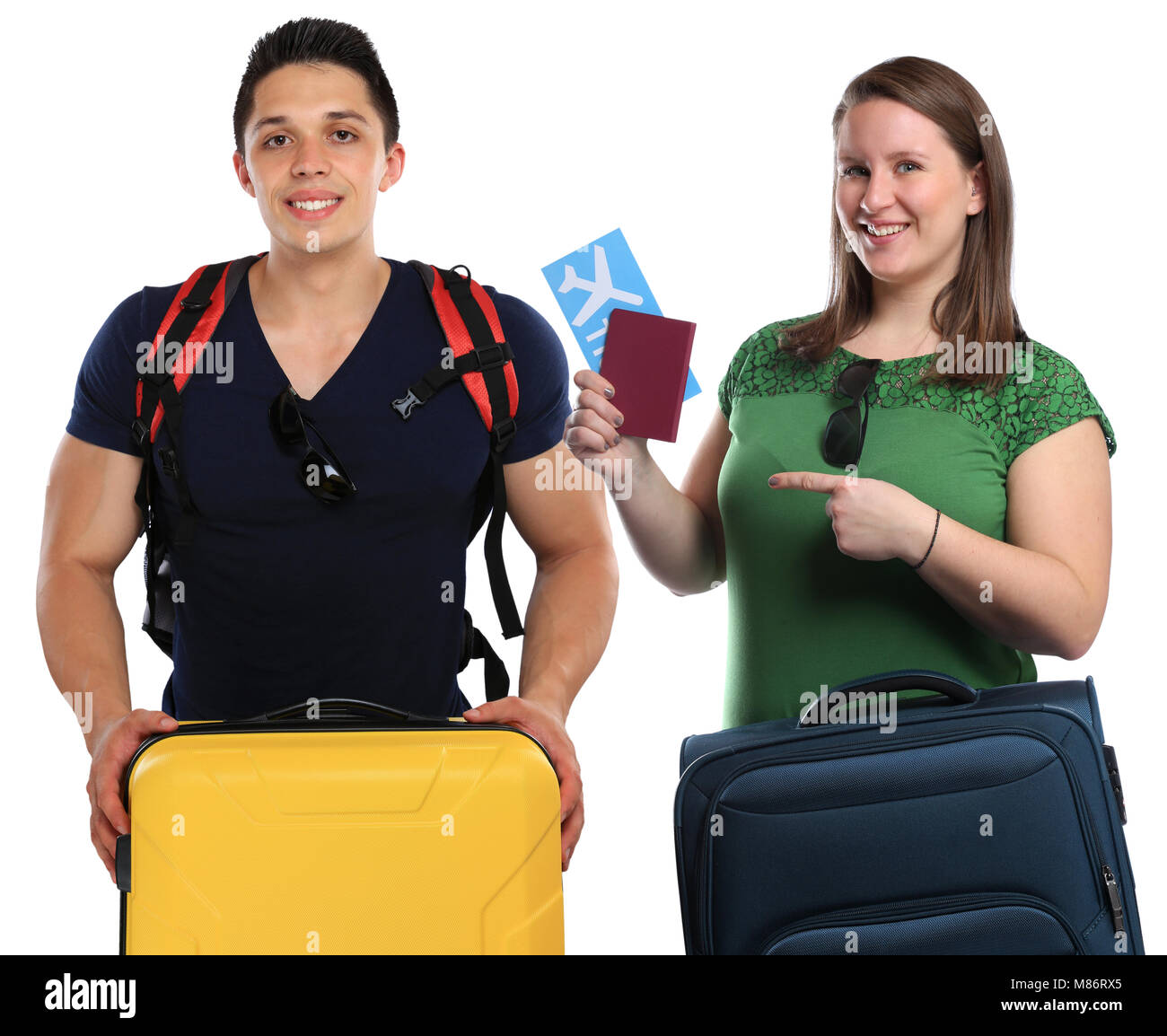 Junge Leute mit Gepäck Gepäck Taschen fliegen Reisen Reisen Urlaub Ferien auf weißem Hintergrund Stockfoto