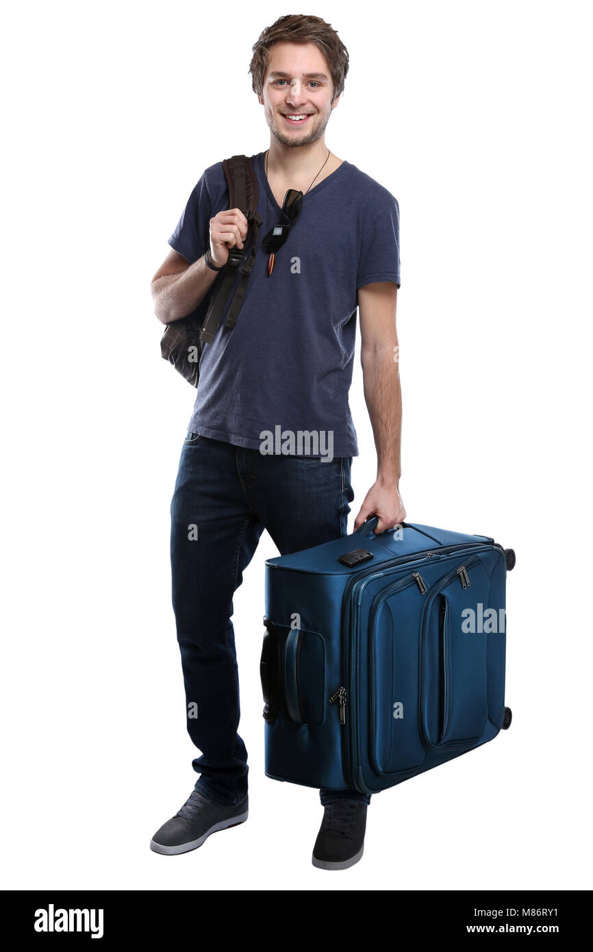 Junger Mann mit Gepäck reisen reisen urlaub ferien lächelnd auf weißem Hintergrund Stockfoto